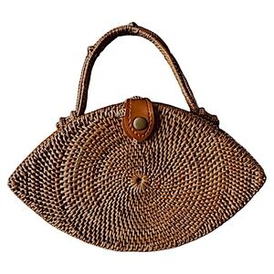 ANTHROPOLOGIE Rattan Woven Handbag Purse Wicker 9.5” Basket Straw Lined Bag